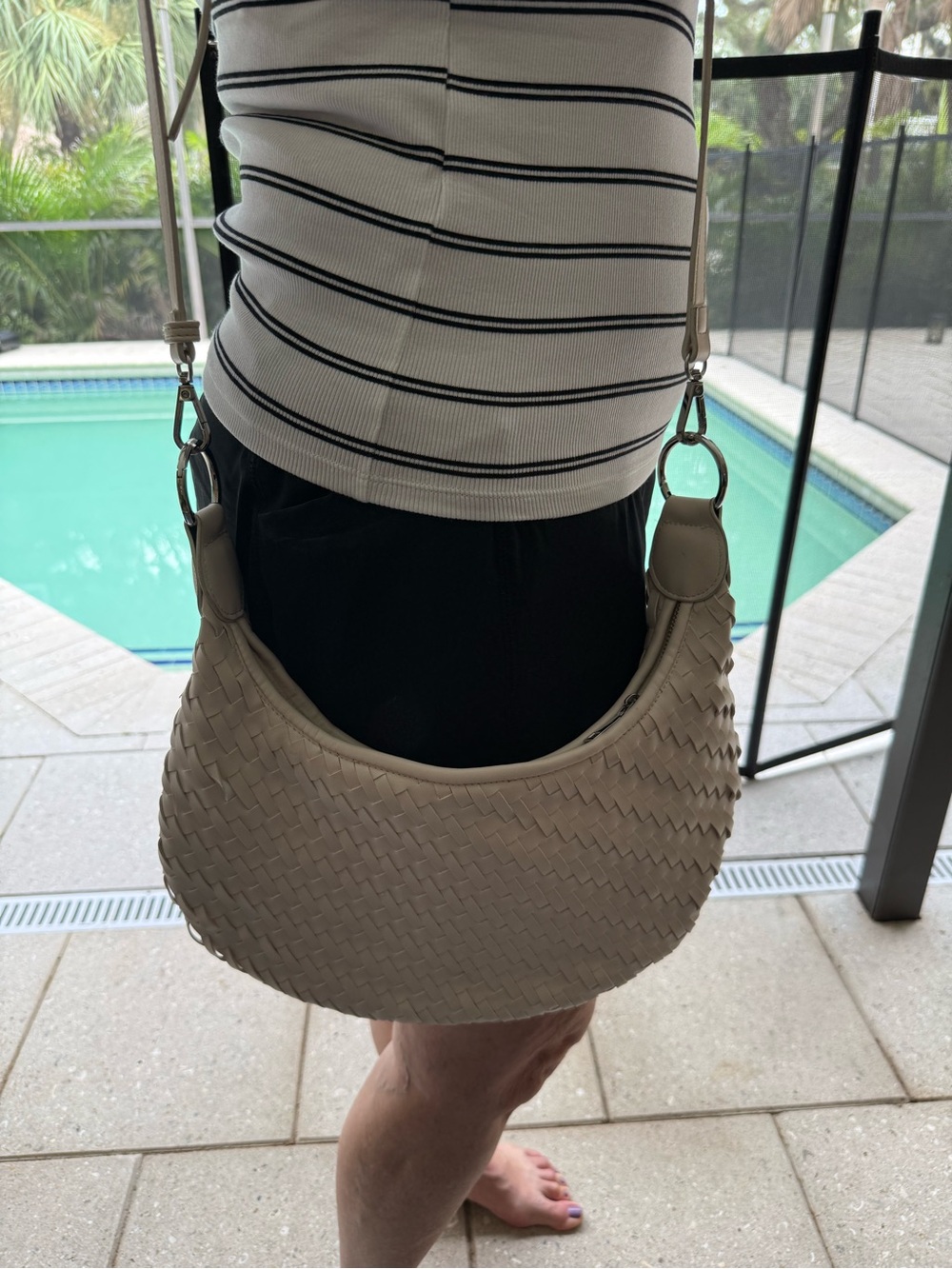 Melie Bianco Woven Crescent Shoulder Cross Body Bag in Cream